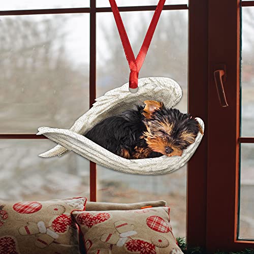 Talataca Yorkshire Terrier Yorkie Sleeping Angel Wing Pet Dog Farmhouse 2D Flat Car Rear View Mirror Accessories Christmas Tree Ornament Decoration Hanging Charm Interior Rearview Pendant Decor Gift - Image 4