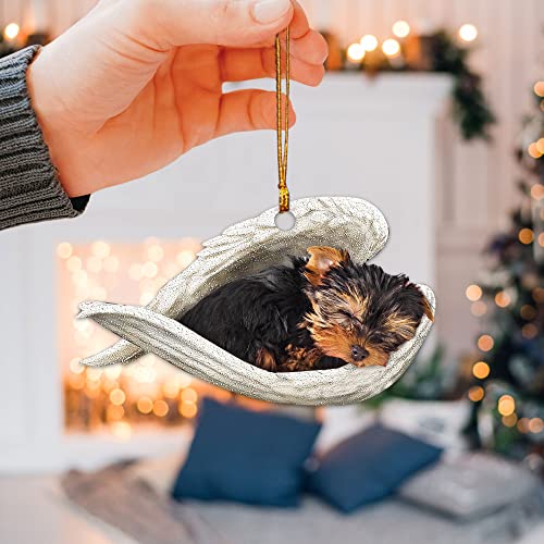 Talataca Yorkshire Terrier Yorkie Sleeping Angel Wing Pet Dog Farmhouse 2D Flat Car Rear View Mirror Accessories Christmas Tree Ornament Decoration Hanging Charm Interior Rearview Pendant Decor Gift - Image 5