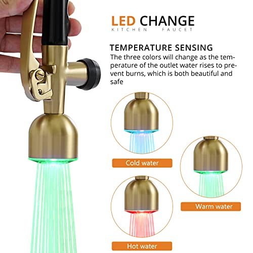 Fapully Single Handle High Arc Brushed Gold Pull Down Kitchen Faucet LED,Single Level Kitchen Sink Faucets with Pull Down Sprayer - Image 2