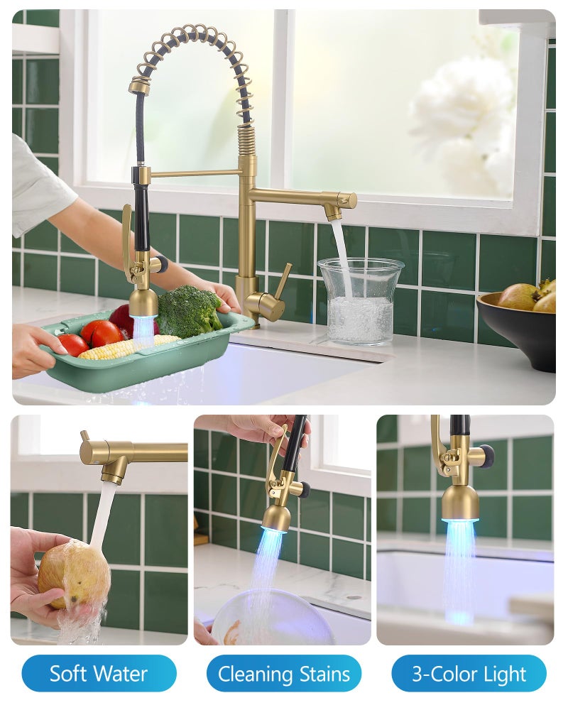 Fapully Single Handle High Arc Brushed Gold Pull Down Kitchen Faucet LED,Single Level Kitchen Sink Faucets with Pull Down Sprayer - Image 3