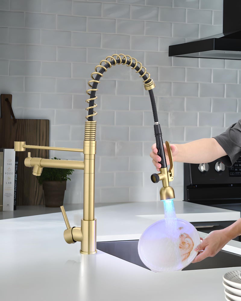 Fapully Single Handle High Arc Brushed Gold Pull Down Kitchen Faucet LED,Single Level Kitchen Sink Faucets with Pull Down Sprayer - Image 4