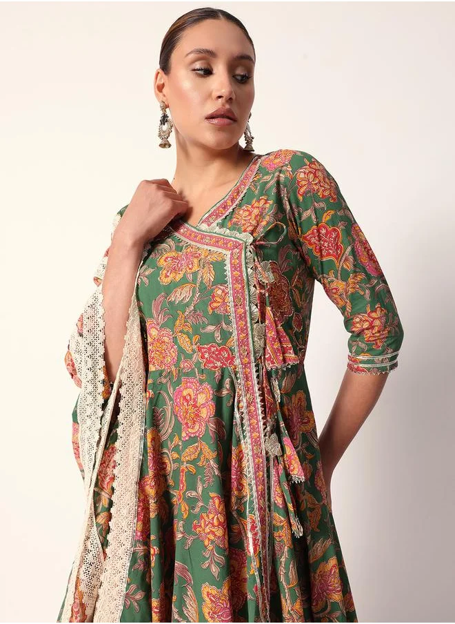 آي شين Women's Green Cotton Textured Tunic Full Palazzo Regular Fit Kurta Set