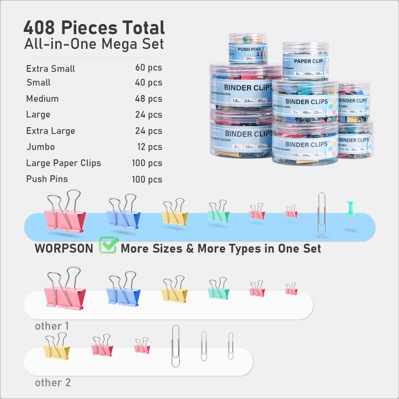 WORPSON 408 PCS Binder Clips Paper Clamps Assorted Sizes and Push Pins, Binding Paperwork Clamp Bulk, School Teachers Office Supplies (Multicolor) - Image 4