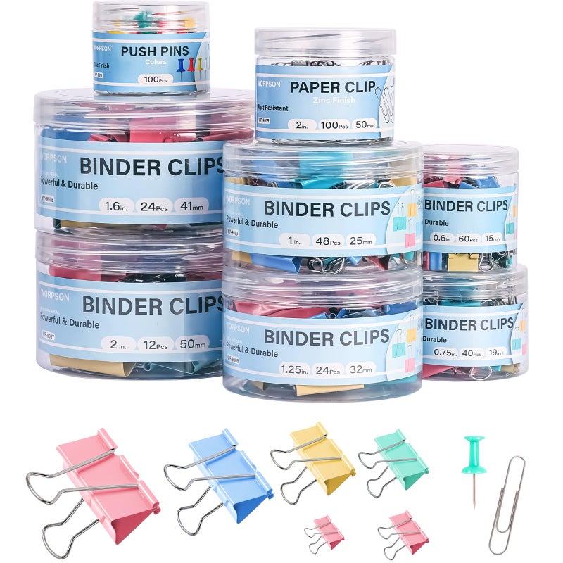 WORPSON 408 PCS Binder Clips Paper Clamps Assorted Sizes and Push Pins, Binding Paperwork Clamp Bulk, School Teachers Office Supplies (Multicolor) - Image 1