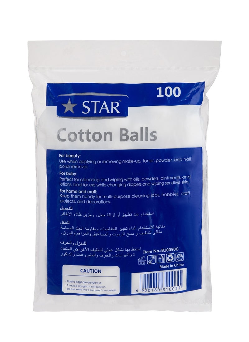 Star - 100% Pure Cotton Balls 100 Pcs – Soft, Absorbent, Lint-Free & Hypoallergenic Makeup Balls – Perfect for Baby Care, Makeup Removal, and First Aid Cotton Round Balls - Image 1
