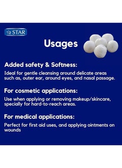 Star 100% Pure Cotton Balls 100 Pcs – Soft, Absorbent, Lint-Free & Hypoallergenic Makeup Balls – Perfect for Baby Care, Makeup Removal, and First Aid Cotton Round Balls  - Image 3