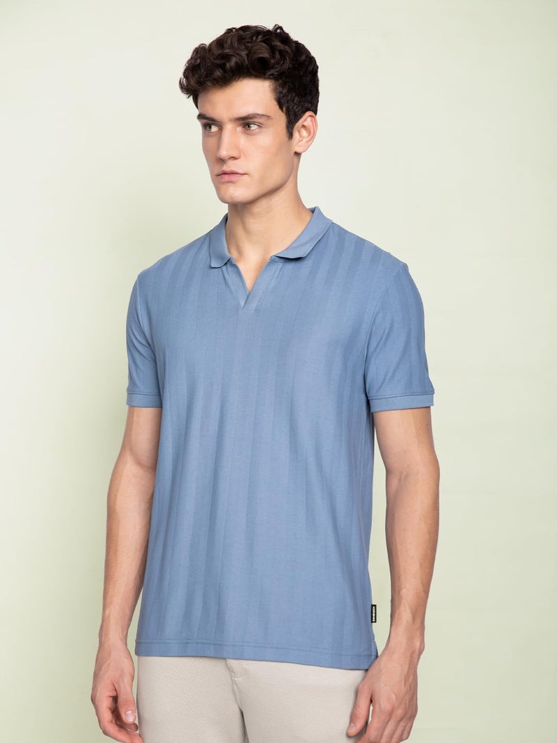 DAMENSCH Statement Textured Polo T-Shirts | Premium Cotton, Herringbone Texture, Johnny Collar-Pack of 1-Wind Blue-XXL - Image 5
