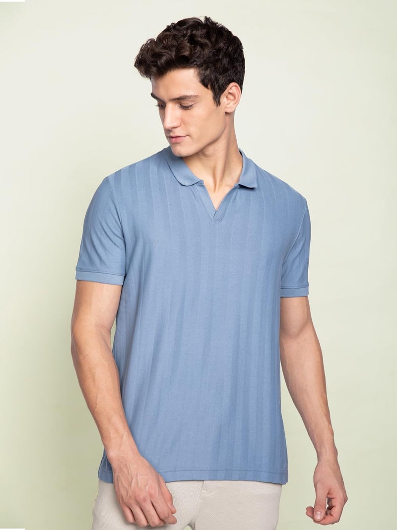 DAMENSCH Statement Textured Polo T-Shirts | Premium Cotton, Herringbone Texture, Johnny Collar-Pack of 1-Wind Blue-XXL - Image 4