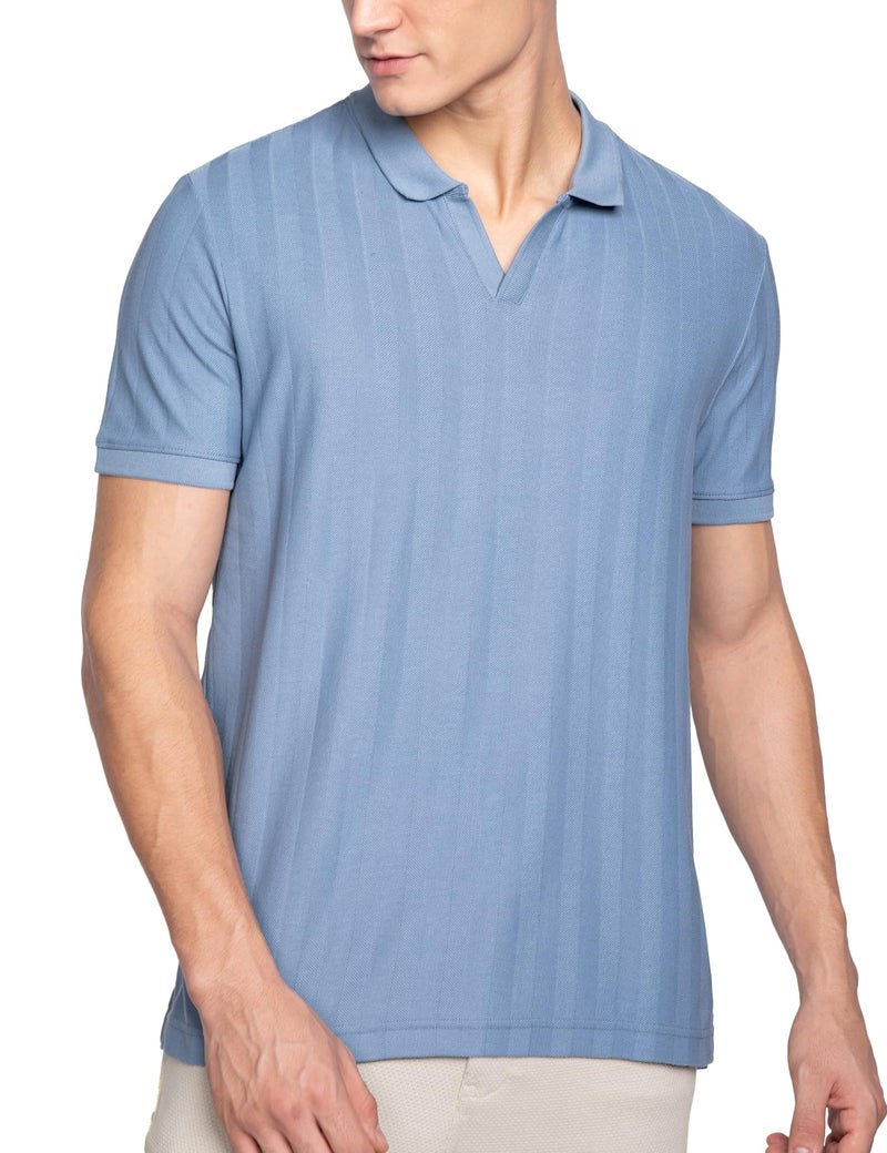 DAMENSCH Statement Textured Polo T-Shirts | Premium Cotton, Herringbone Texture, Johnny Collar-Pack of 1-Wind Blue-XXL - Image 1