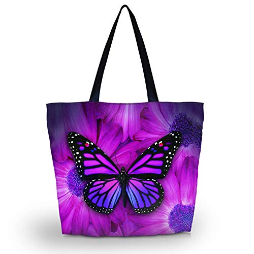 HAPLIVES Tote Bag, Large Lightweight Waterproof Beach Shopping Bag with Zipper, Purple Big Butterfly - Image 4