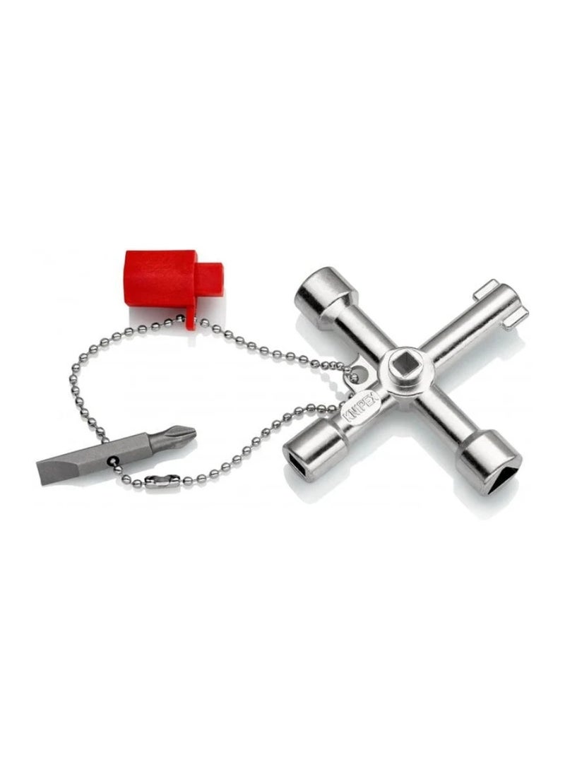 KNIPEX Cabinet Control Key 76mm Multi-Utility Access Tool, Zinc Die-Cast Silver, Universal Key for Gas Water Electricity Systems with 1/4" Bit Adapter & PH2/Slot Insert – KX-001103 - Image 1