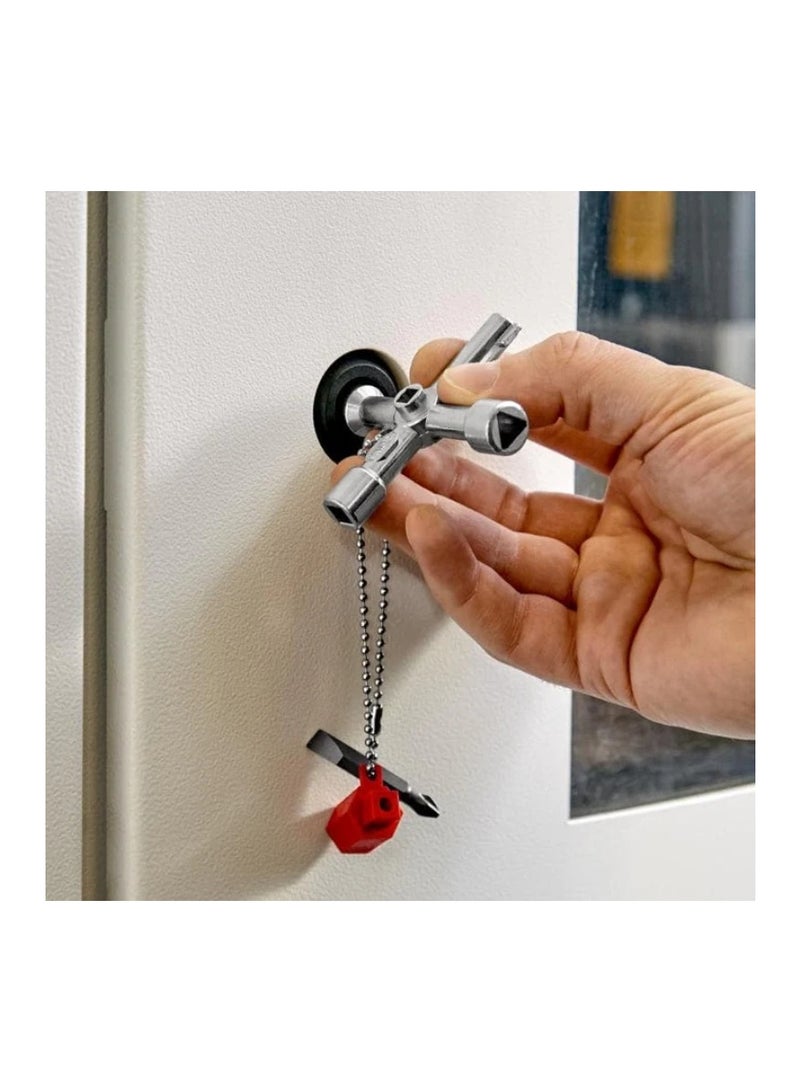 KNIPEX Cabinet Control Key 76mm Multi-Utility Access Tool, Zinc Die-Cast Silver, Universal Key for Gas Water Electricity Systems with 1/4" Bit Adapter & PH2/Slot Insert – KX-001103 - Image 2