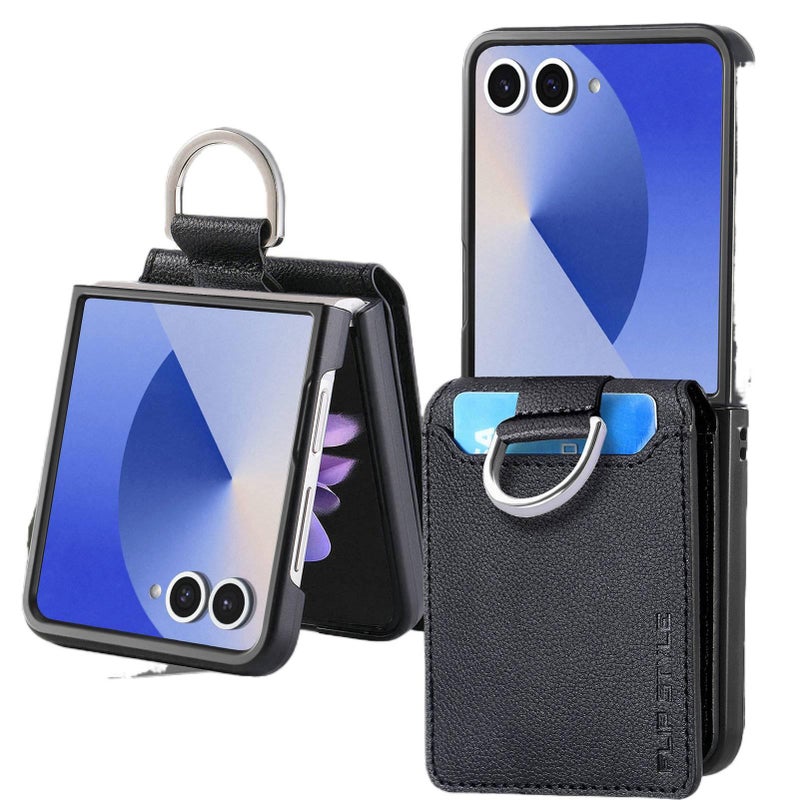 غطاء واقي | ملمس جلد | حامل بطاقات | أسود | مقاوم للصدمات لـ Samsung Galaxy Z Flip 4 - Image 1