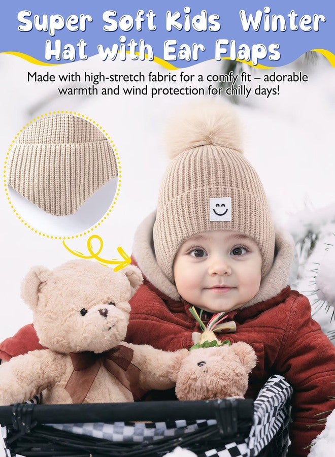 Alepo 3 Pack Baby Winter Hats with Earflaps, 2 Size Kids Pom Pom Beanie with Warm Fleece Lined for Infant Toddler Children, Cute Smiley Face Knit Beanie Hats for Girls Boys-01 - Image 4