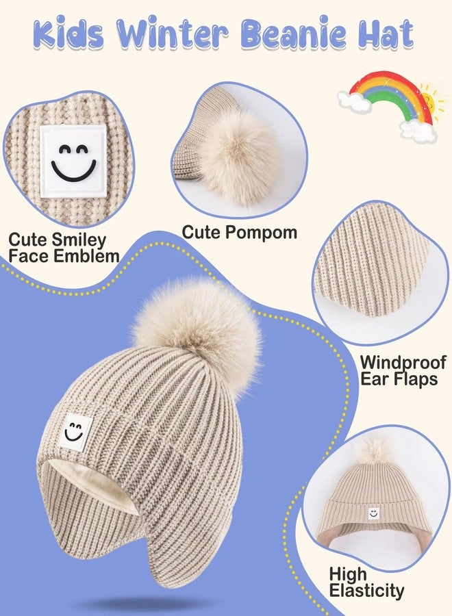 Alepo 3 Pack Baby Winter Hats with Earflaps, 2 Size Kids Pom Pom Beanie with Warm Fleece Lined for Infant Toddler Children, Cute Smiley Face Knit Beanie Hats for Girls Boys-01 - Image 5