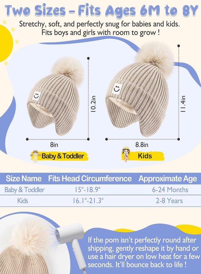 Alepo 3 Pack Baby Winter Hats with Earflaps, 2 Size Kids Pom Pom Beanie with Warm Fleece Lined for Infant Toddler Children, Cute Smiley Face Knit Beanie Hats for Girls Boys-01 - Image 3