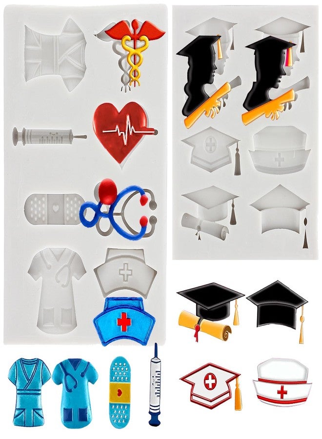 MYPRACS Nurse Graduation Themed Fondant Molds Doctor Nurse Grad Hat Medical Equipment Stethoscope Silicone Mold For Sugar Cake Decorating Cupcake Topper Candy Chocolate Gum Paste Polymer Clay Set Of 2 - Image 1