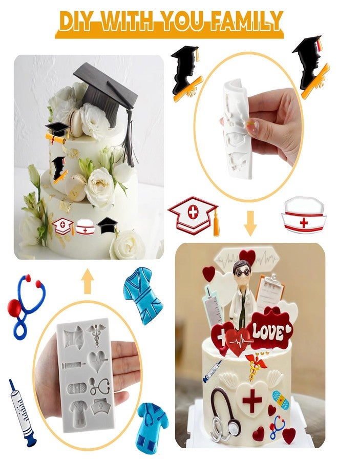 MYPRACS Nurse Graduation Themed Fondant Molds Doctor Nurse Grad Hat Medical Equipment Stethoscope Silicone Mold For Sugar Cake Decorating Cupcake Topper Candy Chocolate Gum Paste Polymer Clay Set Of 2 - Image 3