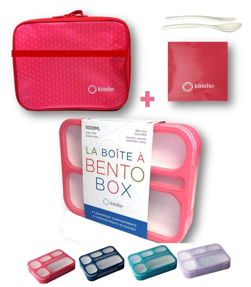 Bento Box with Lunch Bag and Ice Pack Set  Snack Containers Boxes for Kids Girls Adults  6 Compartments Leakproof Portion Container Boxes Insulated Bags for School Lunches BPA Free Pink
