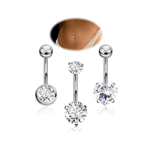 REVOLIA 3Pcs 14G F136 Titanium Belly Button Rings for Women Hypoallergenic Cubic Zirconia Navel Rings Heart Belly Rings Sliver Pretty Belly Piercing Barbells 10mm - Image 1