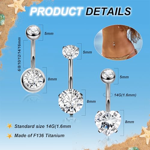 REVOLIA 3Pcs 14G F136 Titanium Belly Button Rings for Women Hypoallergenic Cubic Zirconia Navel Rings Heart Belly Rings Sliver Pretty Belly Piercing Barbells 10mm - Image 3