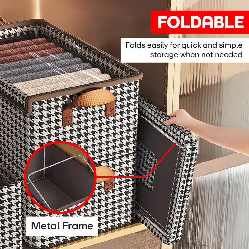 PRIME PICK خزانة ملابس XL منظم الملابس لتخزين الملابس عبوة من 2 صندوق قابل للطي قابل للغسل غير منسوج مع غطاء إطار معدني ومقابض مثالي للخزانة والدولاب مثالي بني - Image 4