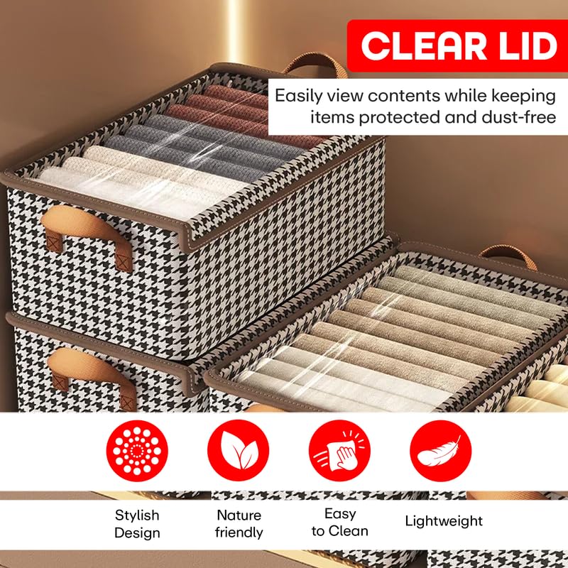 PRIME PICK خزانة ملابس XL منظم الملابس لتخزين الملابس عبوة من 2 صندوق قابل للطي قابل للغسل غير منسوج مع غطاء إطار معدني ومقابض مثالي للخزانة والدولاب مثالي بني - Image 5