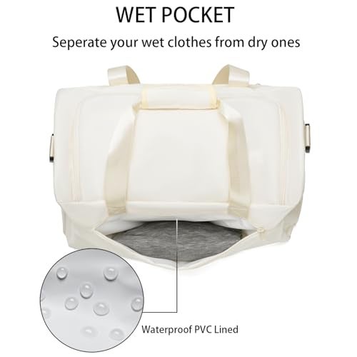 SOAEON Gym Bag for Women, Small Fitness Workout Sports Bags with Wet Pocket & Shoes Compartment, Water Resistant Overnight Weekender Duffle Bag in Beige - Image 2