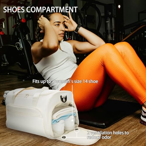 SOAEON Gym Bag for Women, Small Fitness Workout Sports Bags with Wet Pocket & Shoes Compartment, Water Resistant Overnight Weekender Duffle Bag in Beige - Image 4