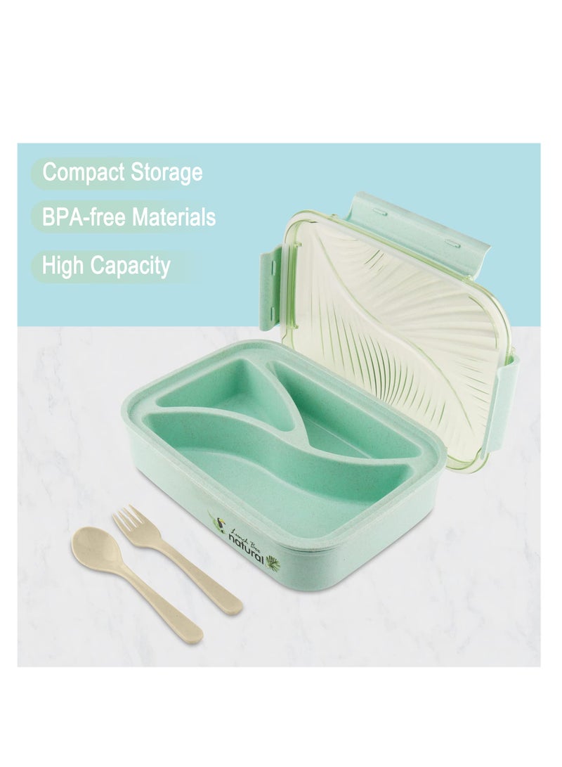 Adult Bento Lunch Box, 1100ML Leakproof Meal Prep Container with Utensils, Wheat Straw, Portion Control, Microwave & Dishwasher Safe, BPA Free - Perfect for On-the-Go Meals (Green) - Image 2
