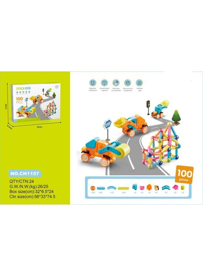 Color Window Magnetic Slide Building Blocks Toy DIY Assembled Magnetic Parking Lot Space Early Education Puzzle Development-Specifications:1157 Magnetic Rod Engineering Vehicle 100pcs  - Image 1