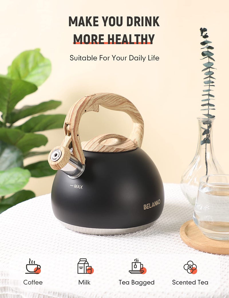 BELANKO Tea Kettle, BELANKO 102 OZ / 3 Liter Whistling Tea Kettle, Tea Pots for Stove Top Food Grade Stainless Steel with Wood Pattern Handle, Loud Whistle Kettle for Tea, Coffee, Water, Milk - Black - Image 2