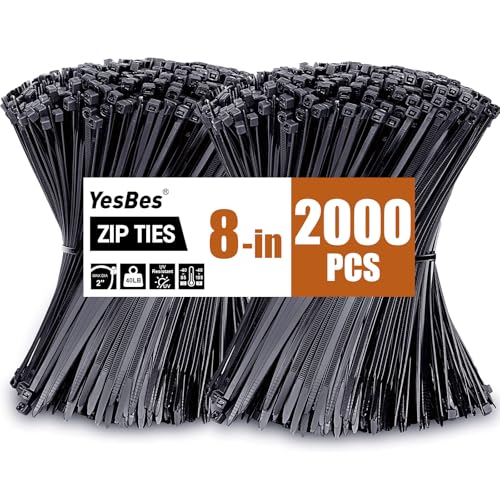 YesBes 2000 PCS Zip Ties 8 Inch, Cable Ties 40lbs Tensile Strength, Black Zip Ties for Indoor and Outdoor Use, UV Resistant Wire Ties - Image 1