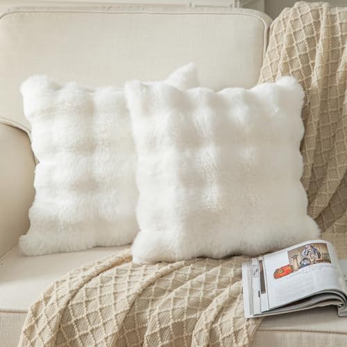 Yaertun Pack of 2 Cream White Thick Soft Wool Decorative Throw Pillow Covers 16x16 Inch Faux Fur Plush Fluffy Cushion Covers for Sofa Couch Bedroom - Image 1