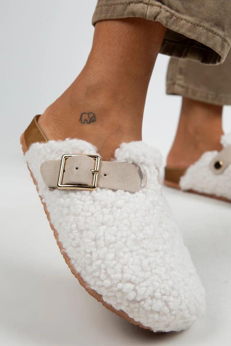 Manijero Manijero Suzen Women's Textile Fur-Lined Genuine Leather Belted Buckle Slippers White - Beige