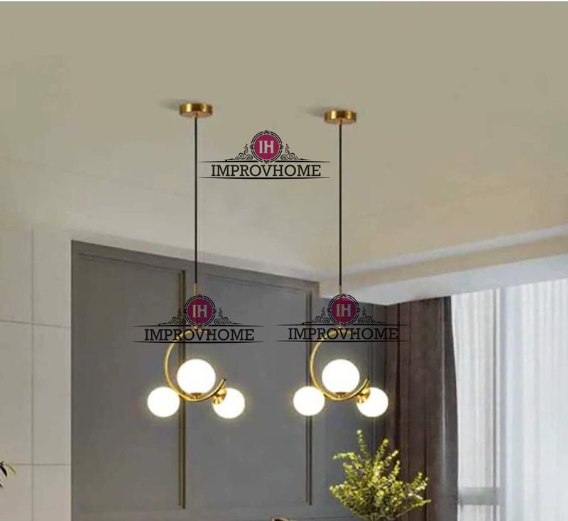 Improvhome 3 Lights Globe Pendant Light Mid Century Chandelier/Hanging Light Fixture Brushed Brass Finished with White Globe Glass Lampshade (Without Bulb)-Electric - Image 3