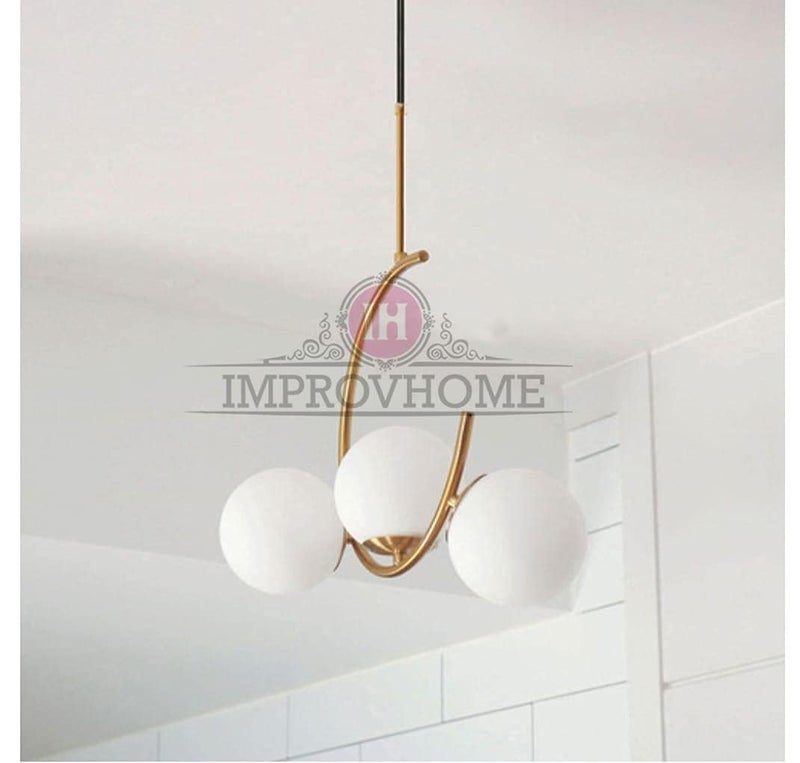 Improvhome 3 Lights Globe Pendant Light Mid Century Chandelier/Hanging Light Fixture Brushed Brass Finished with White Globe Glass Lampshade (Without Bulb)-Electric - Image 4