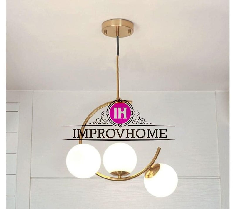 Improvhome 3 Lights Globe Pendant Light Mid Century Chandelier/Hanging Light Fixture Brushed Brass Finished with White Globe Glass Lampshade (Without Bulb)-Electric - Image 5