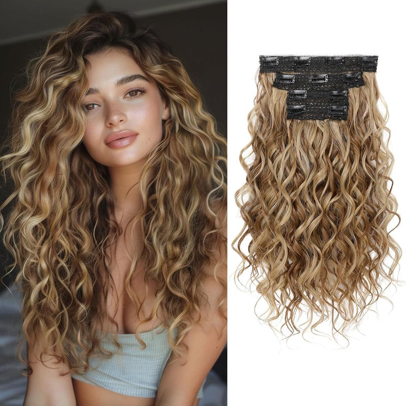 REECHO Curly Hair Extensions 4PCS 16 inch Clip in Hair Extensions Lace Weft Short Curly Hair Extensions Clip Ins Invisible Natural Hairpieces for Women Light Brown with Blonde Highlights