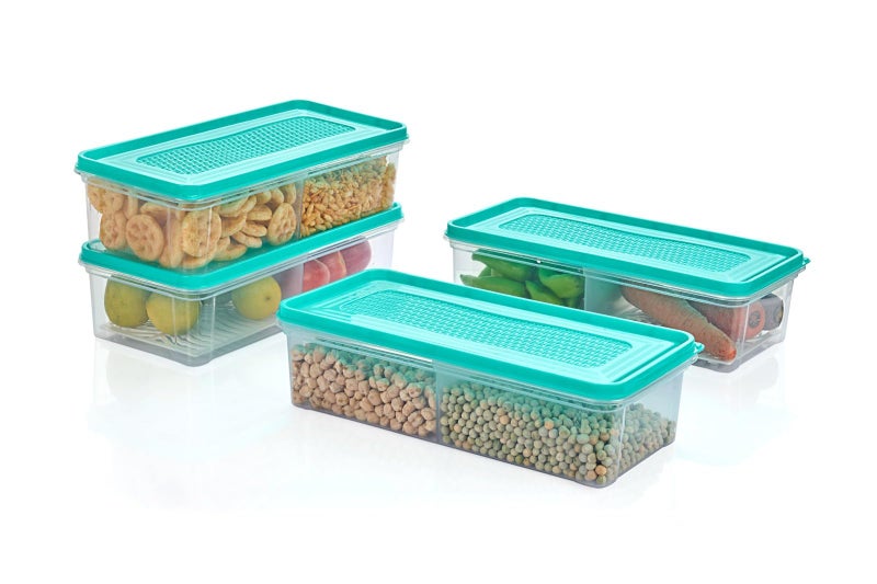Xiran 6 Fridge Storage Boxes 2 Partition Fridge Organizer with Removable Drain Plate and Lid Stackable Fridge Containers Storage Containers for Fish, Meat, Vegetables, Fruits(Green, 2000ML, Plastic) - Image 4