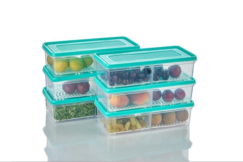 Xiran 6 Fridge Storage Boxes 2 Partition Fridge Organizer with Removable Drain Plate and Lid Stackable Fridge Containers Storage Containers for Fish, Meat, Vegetables, Fruits(Green, 2000ML, Plastic) - Image 2
