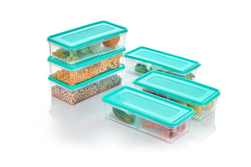 Xiran 6 Fridge Storage Boxes 2 Partition Fridge Organizer with Removable Drain Plate and Lid Stackable Fridge Containers Storage Containers for Fish, Meat, Vegetables, Fruits(Green, 2000ML, Plastic) - Image 1