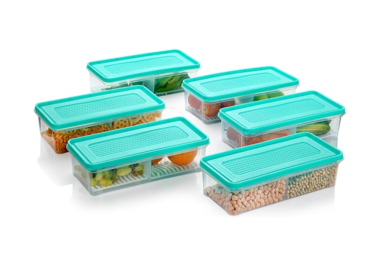 Xiran 6 Fridge Storage Boxes 2 Partition Fridge Organizer with Removable Drain Plate and Lid Stackable Fridge Containers Storage Containers for Fish, Meat, Vegetables, Fruits(Green, 2000ML, Plastic) - Image 3