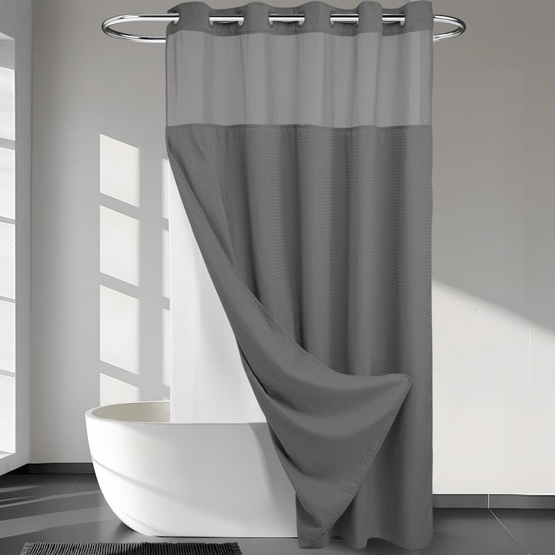 Heavyweight No Hooks Required Dotted Waffle Weave Shower Curtain with Snap in Liner Extra Long 71W x 86HHotel GradeSpa Like Bath CurtainGraphite Grey