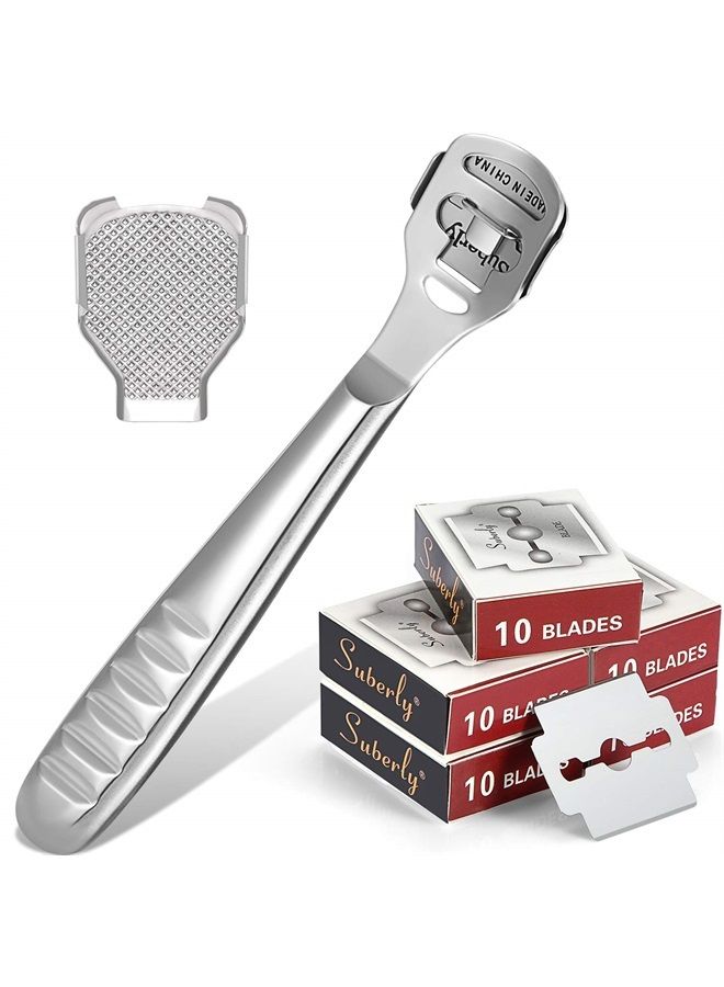 Zhehao مجموعة شفرات إزالة الجلد الميت 52 قطعة، 50 شريحة بديلة من الشفرات، 1 شفرات جلد ميت من الفولاذ المقاوم للصدأ و 1 رأس ملف القدم، أدوات العناية بالقدم لإزالة الجلد الجاف والخشن لليدين والقدمين - Image 1