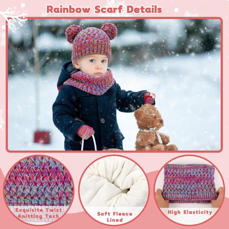 Jansun Kids Winter Hat Gloves Scarf Set, Girls Toddler Children Hats Beanie with Pom Knit Neck Warmer Gaiter Mittens Fleece Lined Set for Boys Girls 1-6 Year - Image 5
