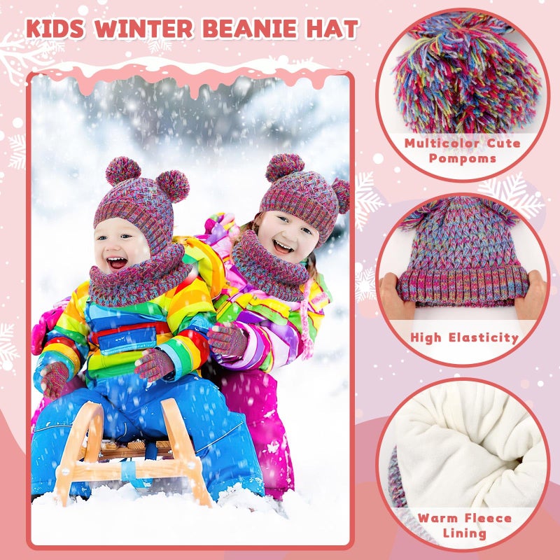 Jansun Kids Winter Hat Gloves Scarf Set, Girls Toddler Children Hats Beanie with Pom Knit Neck Warmer Gaiter Mittens Fleece Lined Set for Boys Girls 1-6 Year - Image 4