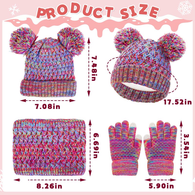 Jansun Kids Winter Hat Gloves Scarf Set, Girls Toddler Children Hats Beanie with Pom Knit Neck Warmer Gaiter Mittens Fleece Lined Set for Boys Girls 1-6 Year - Image 3