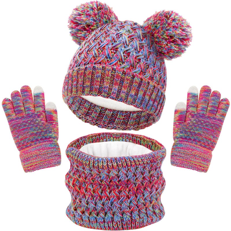 Jansun Kids Winter Hat Gloves Scarf Set, Girls Toddler Children Hats Beanie with Pom Knit Neck Warmer Gaiter Mittens Fleece Lined Set for Boys Girls 1-6 Year - Image 1
