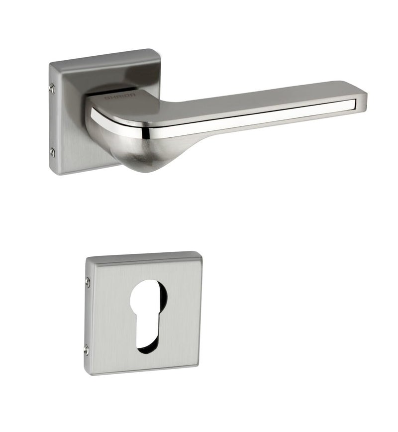 Shrida Modern Zinc & Stainless-Steel Door Handle Set – Premium Lever Design on Rose Plate | Satin Silver Finish | Includes Keyhole Covers, Screws & Allen Key | Model 358 - Image 1